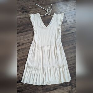 Linen Blend Oatmeal V-Neck Tiered Women's Dress